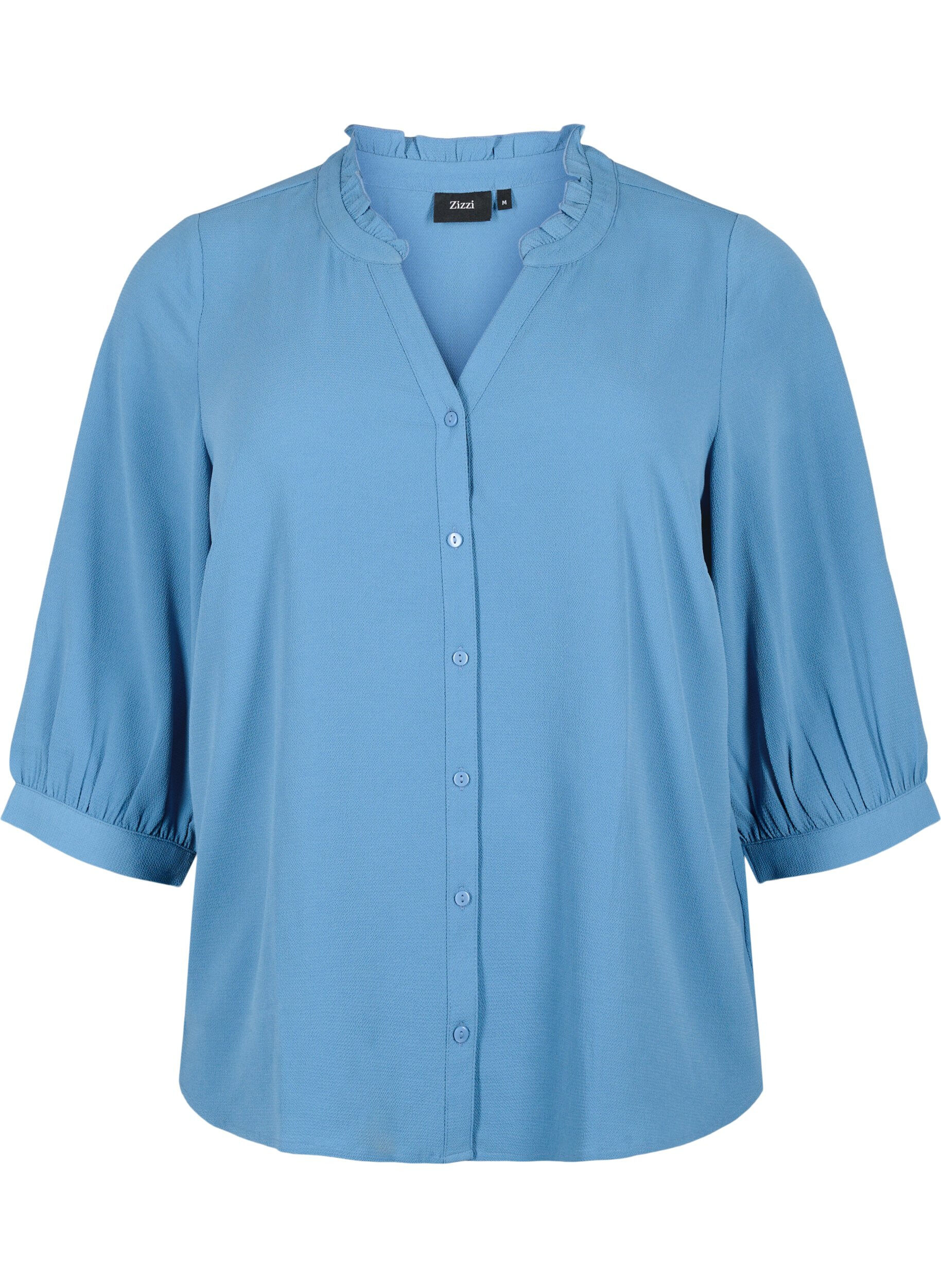 Zizzi Overhemdblouse met 3/4-mouwen en een kraag met ruches, Moonlight Blue, Packshot image number 0