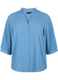 Overhemdblouse met 3/4-mouwen en een kraag met ruches, Moonlight Blue