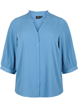 Overhemdblouse met 3/4-mouwen en een kraag met ruches, Moonlight Blue, Packshot image number 0