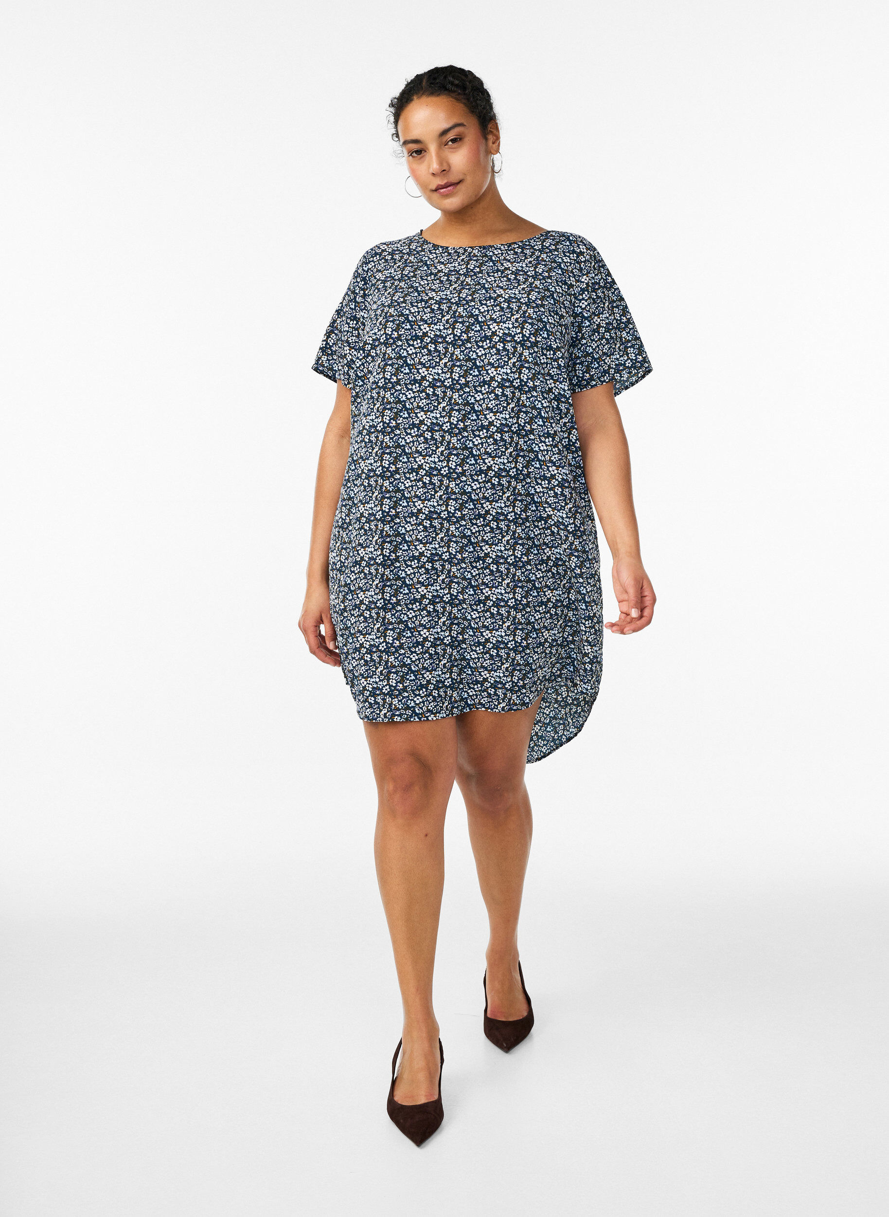 Zizzi Jurk met print en korte mouwen, Blauw, Model image number 1