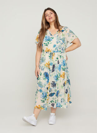 Midi-jurk met korte mouwen en bloemenprint, AOP Flower, Model image number 0
