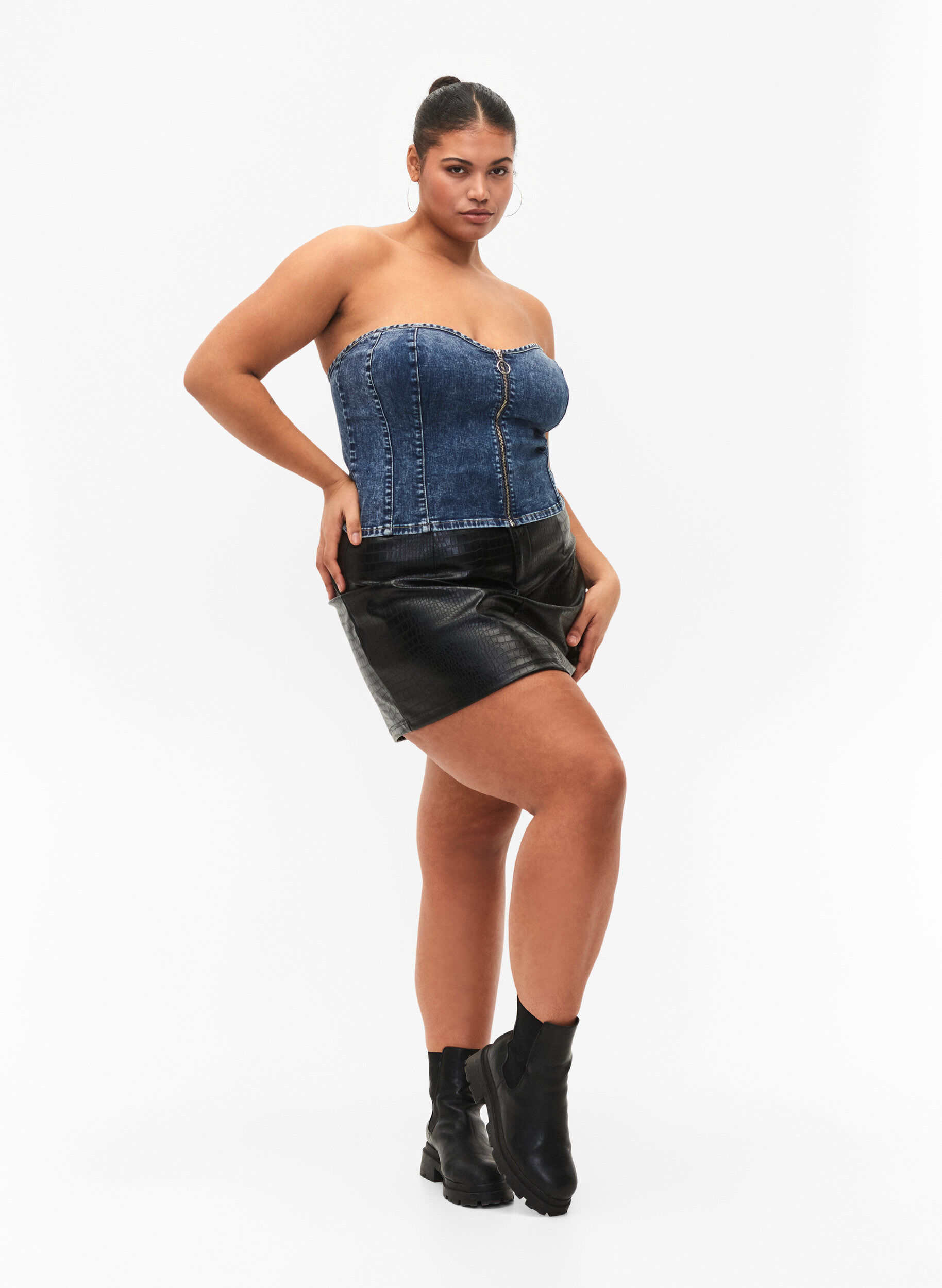 Zizzi Denim korset top met rits, Blue denim, Model image number 3
