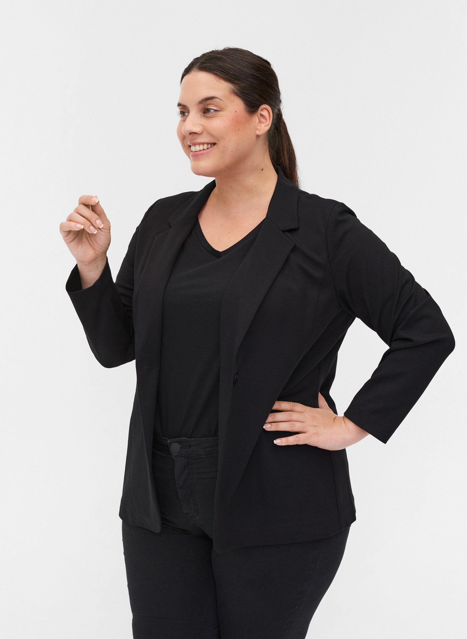 Zizzi Basic blazer met knoop en sierzakken, Black, Model image number 0