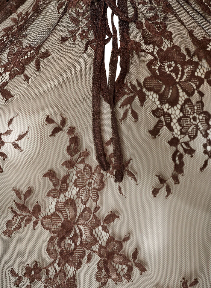 Korte mouwen kanten blouse met striksluiting, Bruin, Packshot image number 2