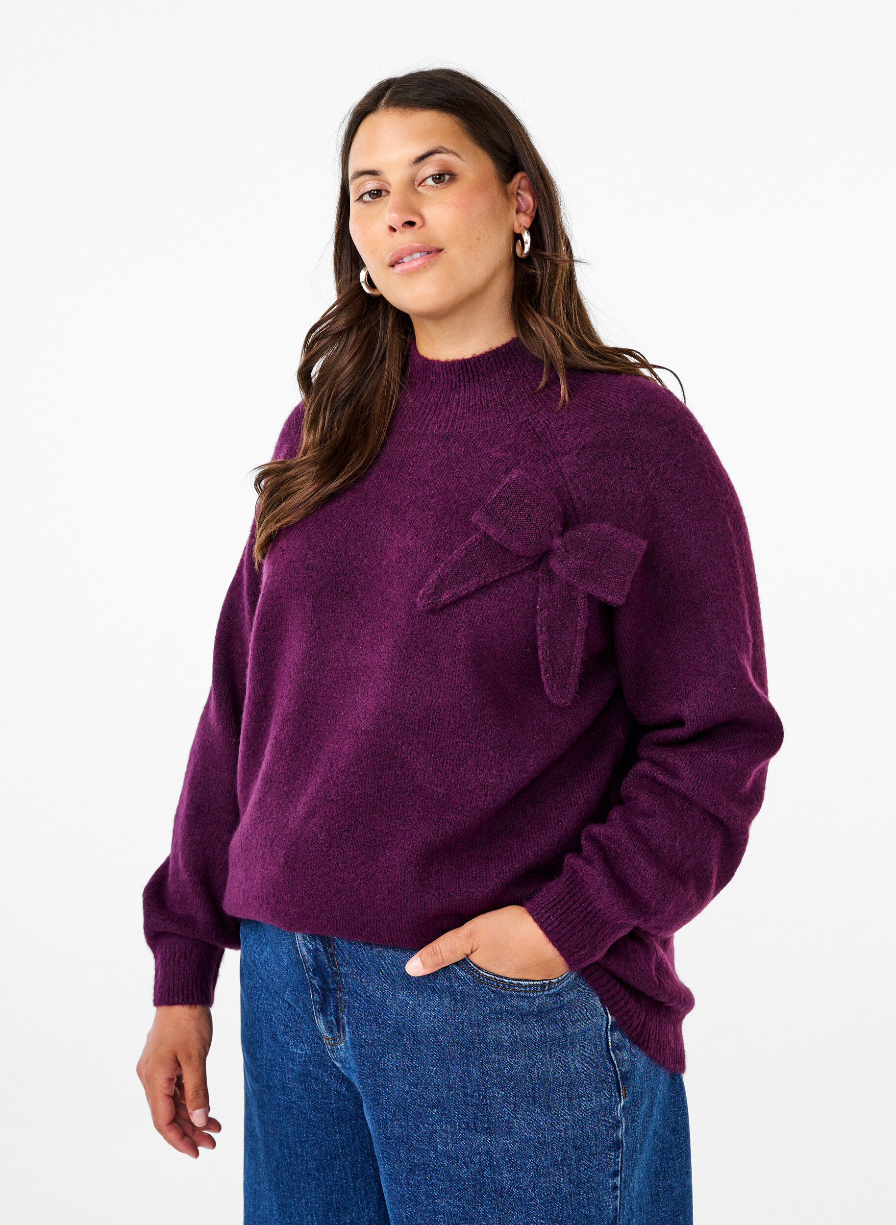 Zizzi Gebreide blouse met strikdetail, Potent P. Black Mel., Model image number 0