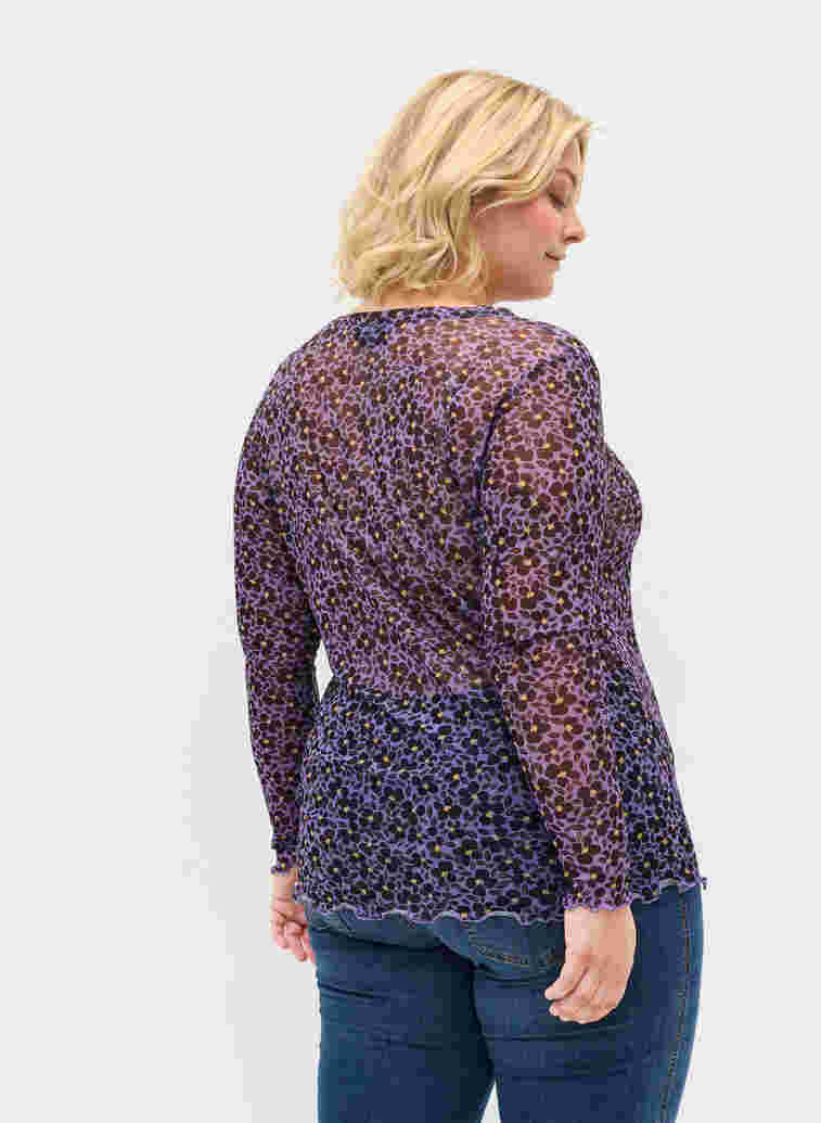 Nauwsluitende mesh top met bloemenprint, Purple AOP, Model image number 1