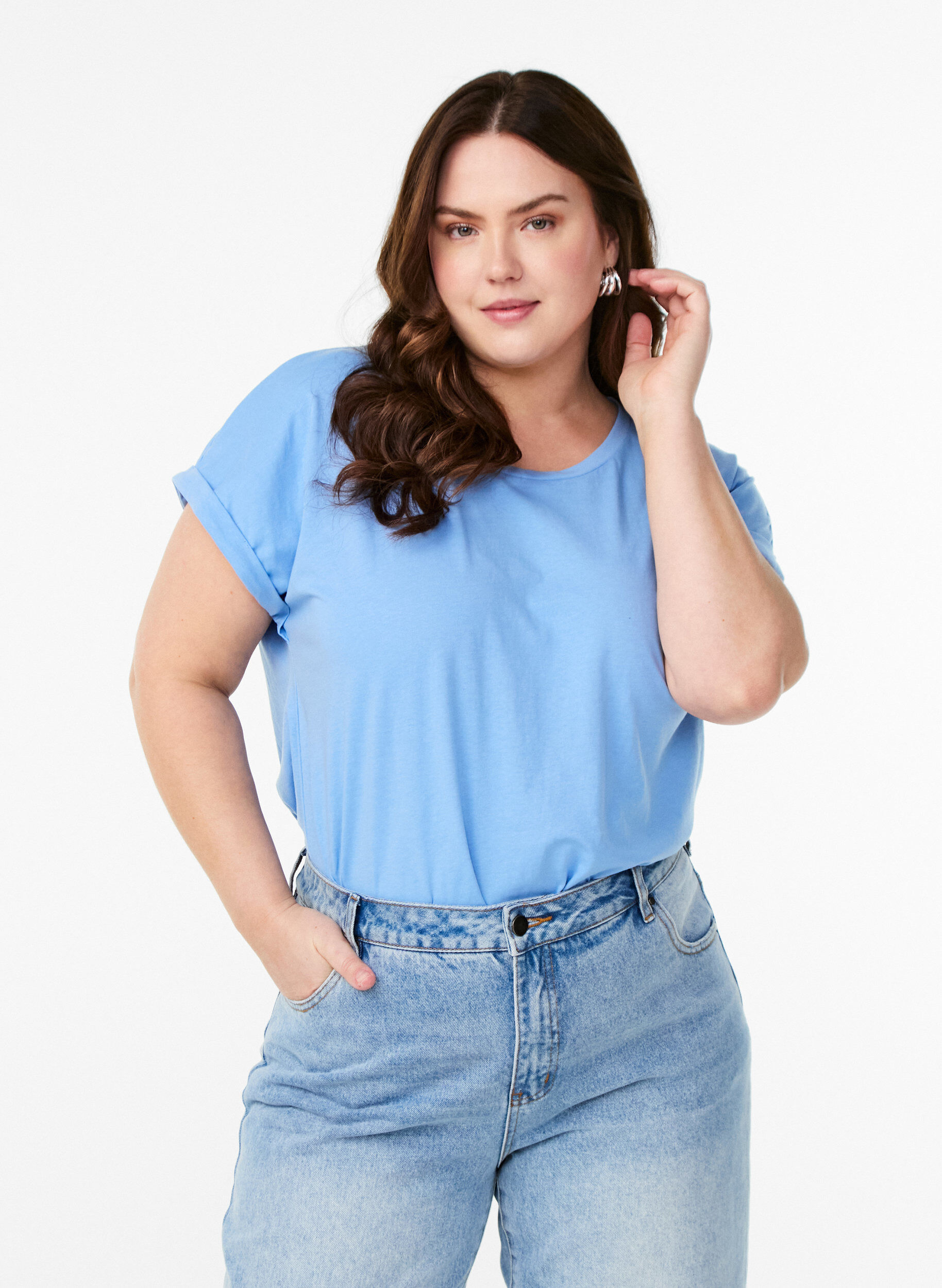 T-shirt met korte mouwen van katoenmix, Blauw, Model