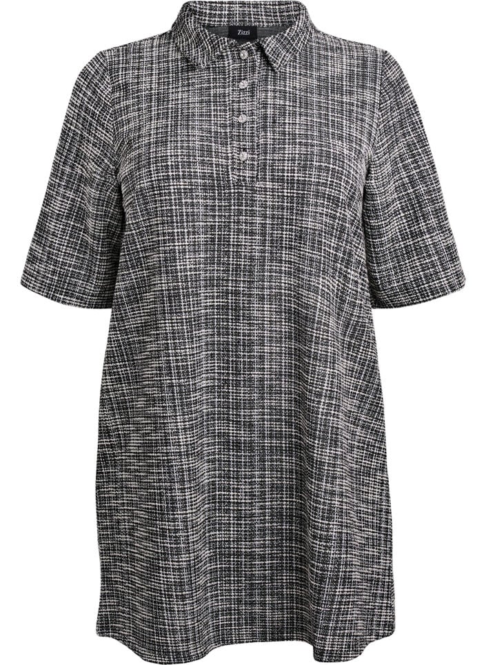 Korte jurk in gestructureerde jersey met een grafisch ruitpatroon, Vanille, Packshot image number 0