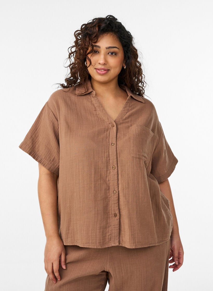 Katoenen mousseline blouse met korte mouwen, Bruin, Model