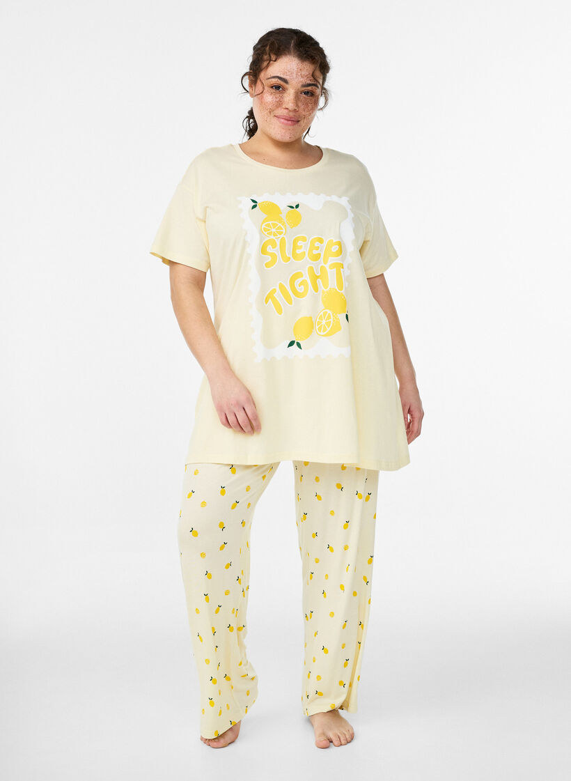 Pyjamabroek in zachte jersey met hoge taille en fruitprint, Geel, Model image number 0