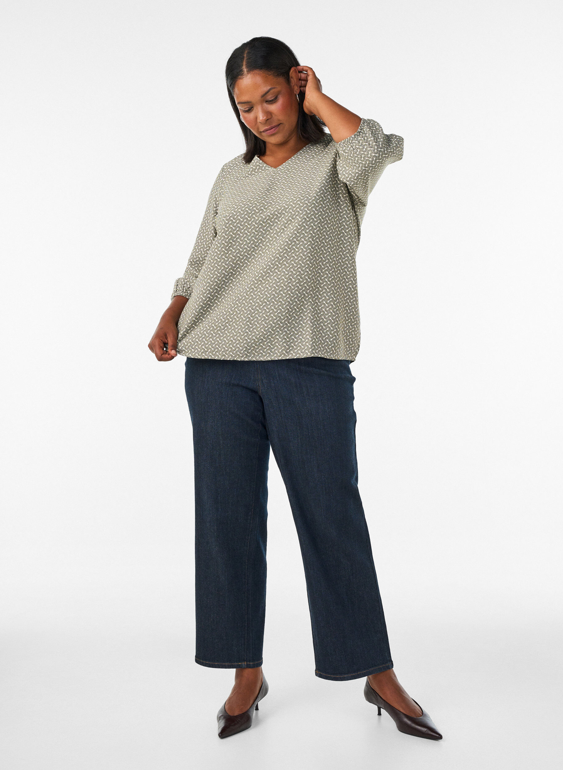 ZizziBlouse van viscose met patroon en 3/4-mouwen, Groen, Model image number 1