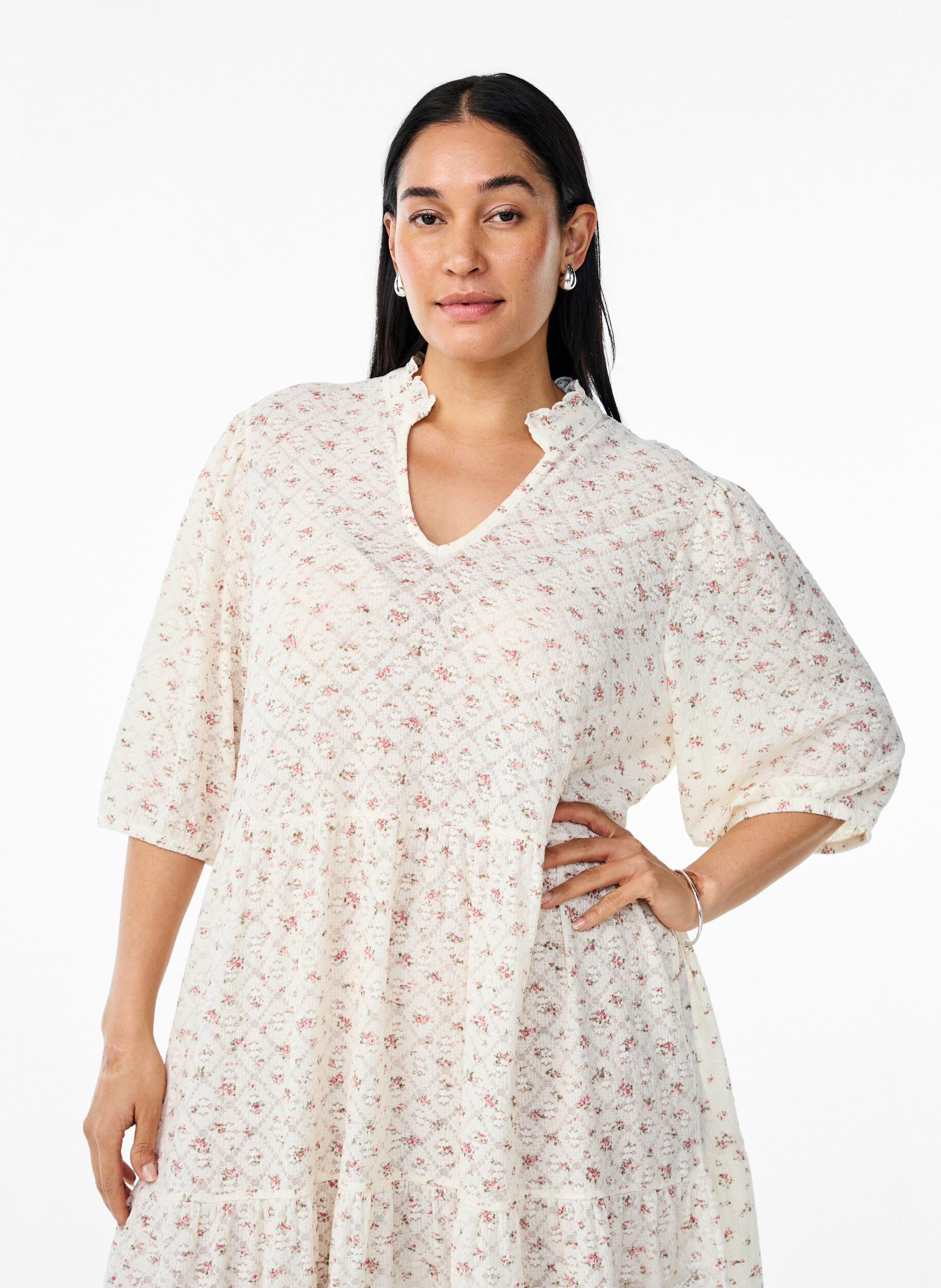 Zizzi Korte A-lijn jurk met 1/2 mouwen, Wit, Model image number 2