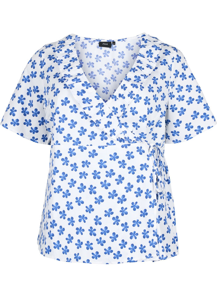 Katoenen wikkelblouse met bloemenprint, B.White/Small Flower, Packshot image number 0