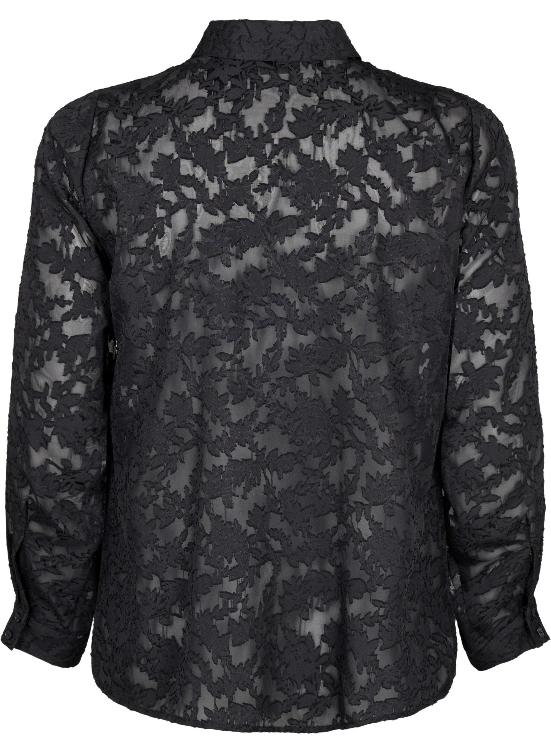 Zizzi Jacquard overhemd met knopen, Black, Packshot image number 1