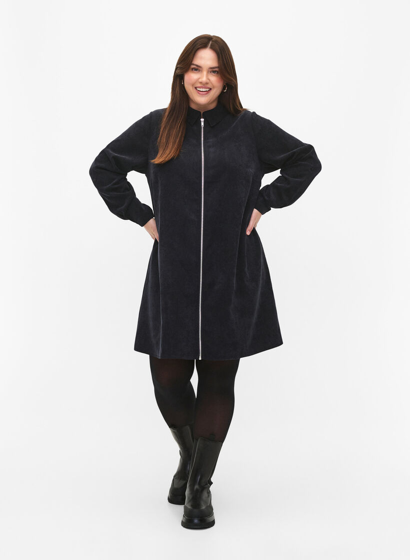 Fluwelen jurk met rits en 3/4 mouwen, Zwart, Model image number 1