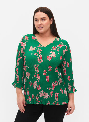 Geplooide blouse met 3/4 mouwen, Jolly Green Flower, Model image number 0