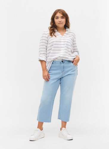 7/8 jeans met ruwe randjes en hoge taille, Super L.Blue Denim, Model image number 0