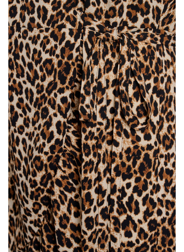 Gedrukte wikkeljurk met korte mouwen, Bruin, Packshot image number 3