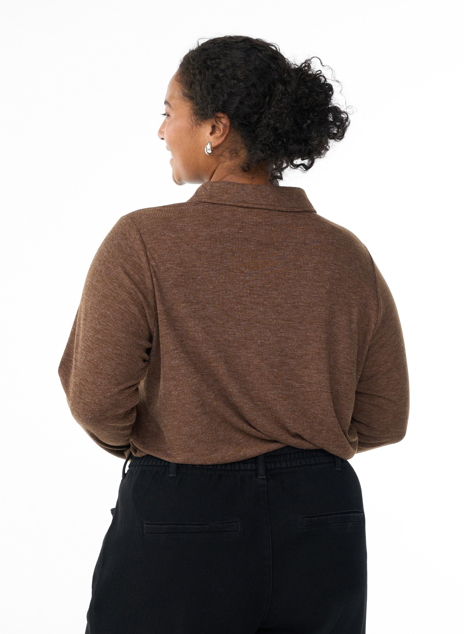 Zizzi Lange mouwen polo in stretchende geribde kwaliteit, Bruin, Model image number 2