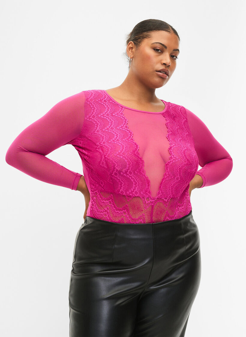 Bodystocking met kant en mesh, Fuchsia Red, Model image number 0