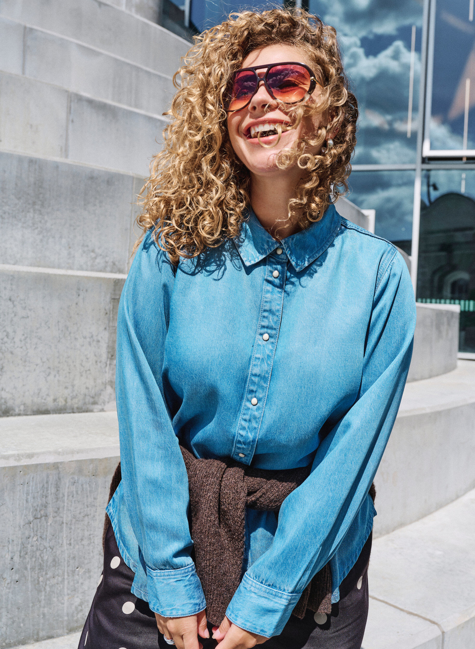 ZizziDenim blouse van lyocell met drukknopen, Blauw, Image image number 0