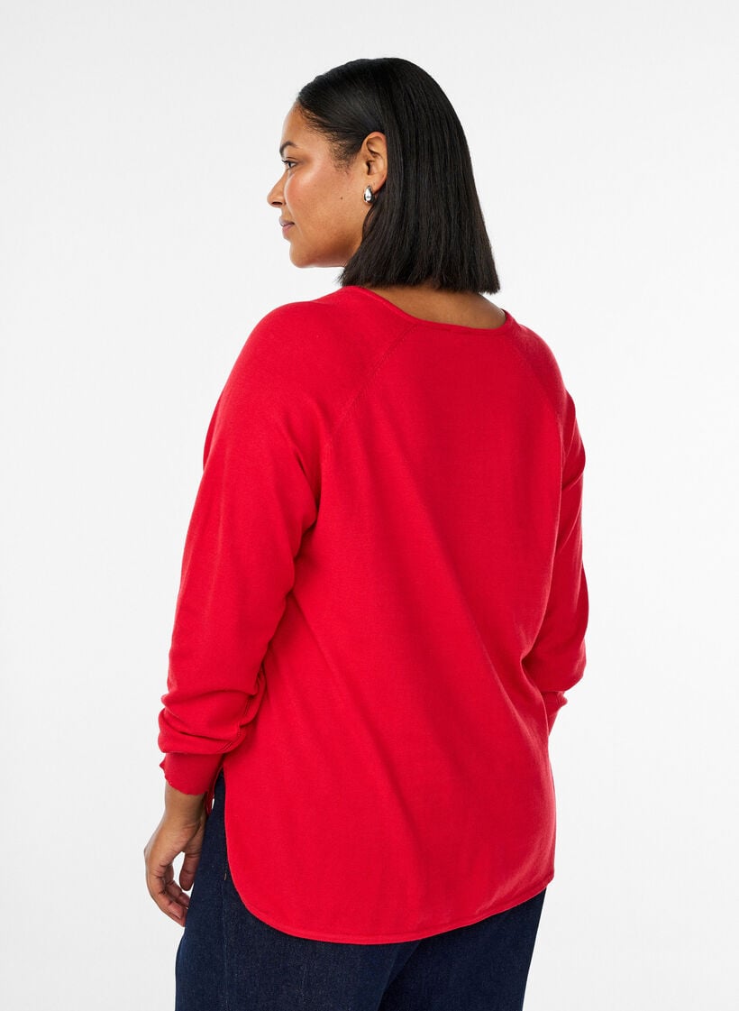 Fijngebreide blouse met V-hals en voorkantdetail, Rood, Model image number 2