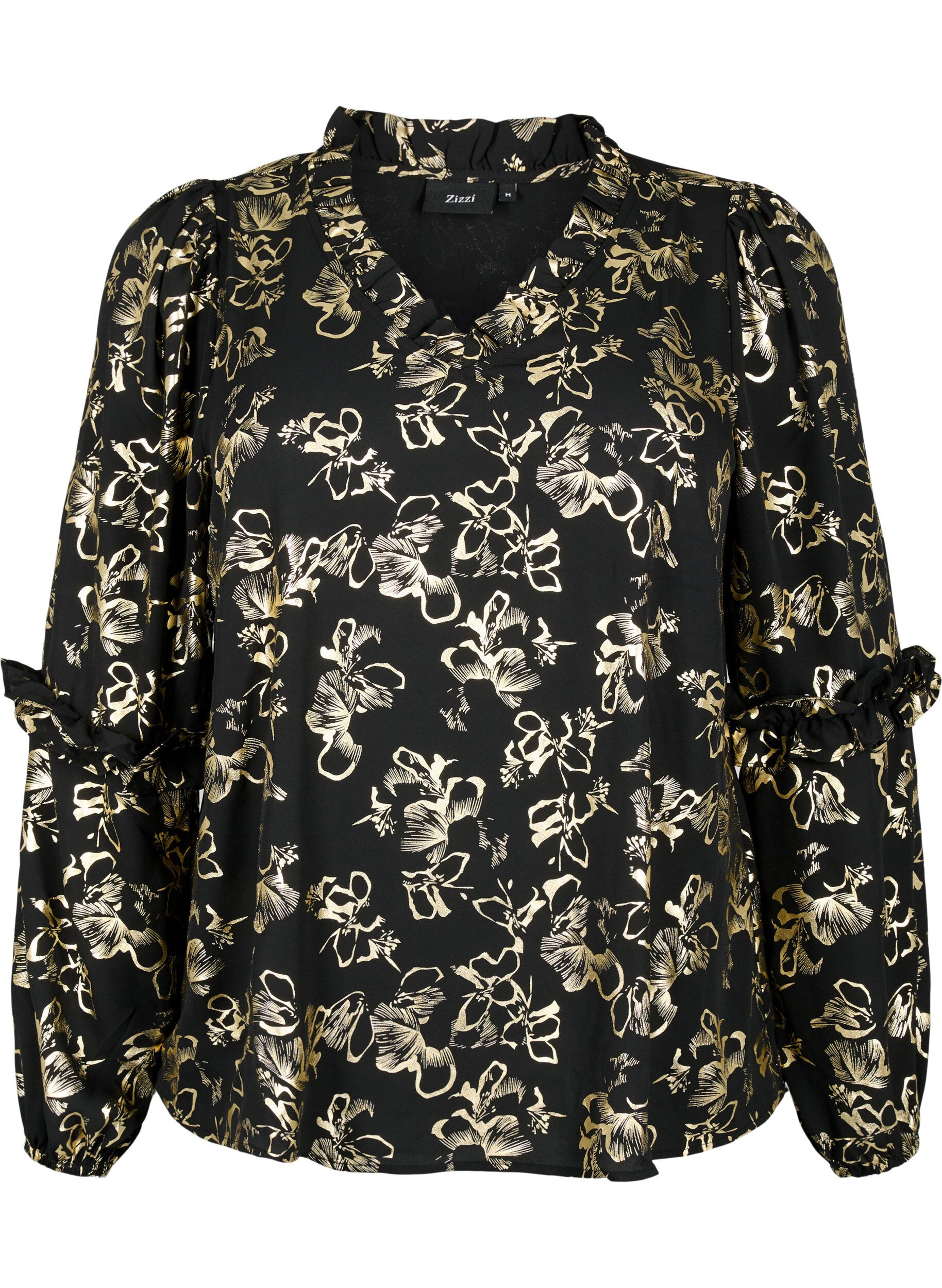 Zizzi Blouse met lange mouwen, ruches en folieprint, Black Foil AOP, Packshot image number 0