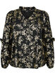 Blouse met lange mouwen, ruches en folieprint, Black Foil AOP, Packshot image number 0
