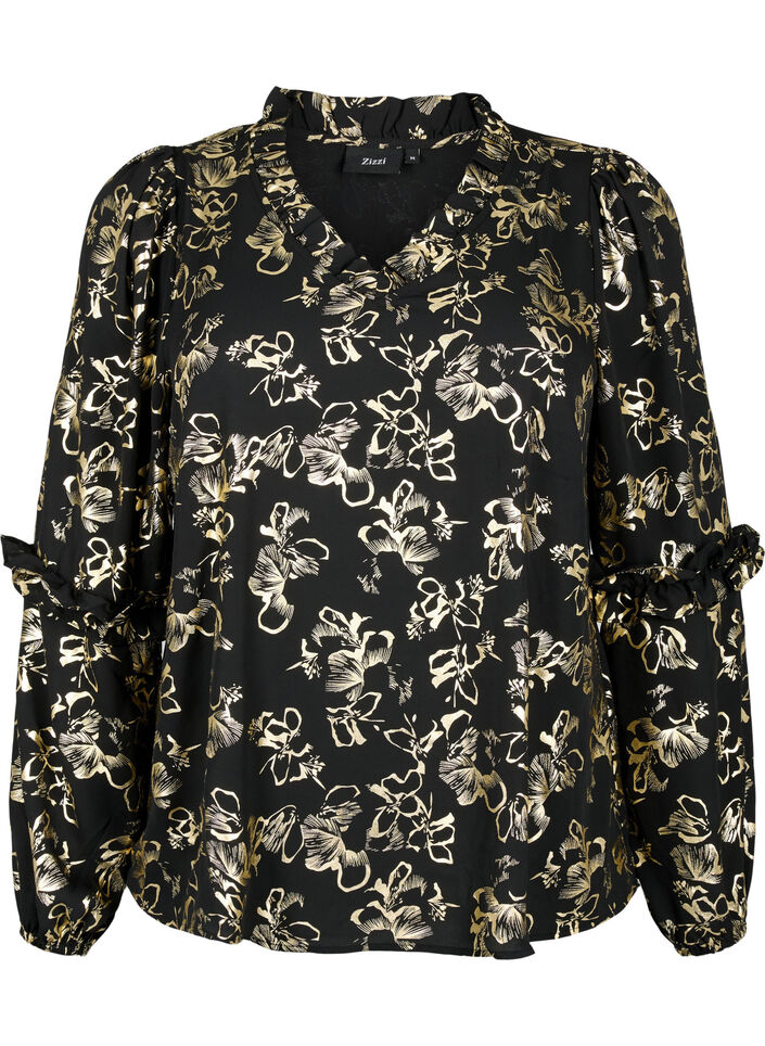 Blouse met lange mouwen, ruches en folieprint, Black Foil AOP, Packshot image number 0