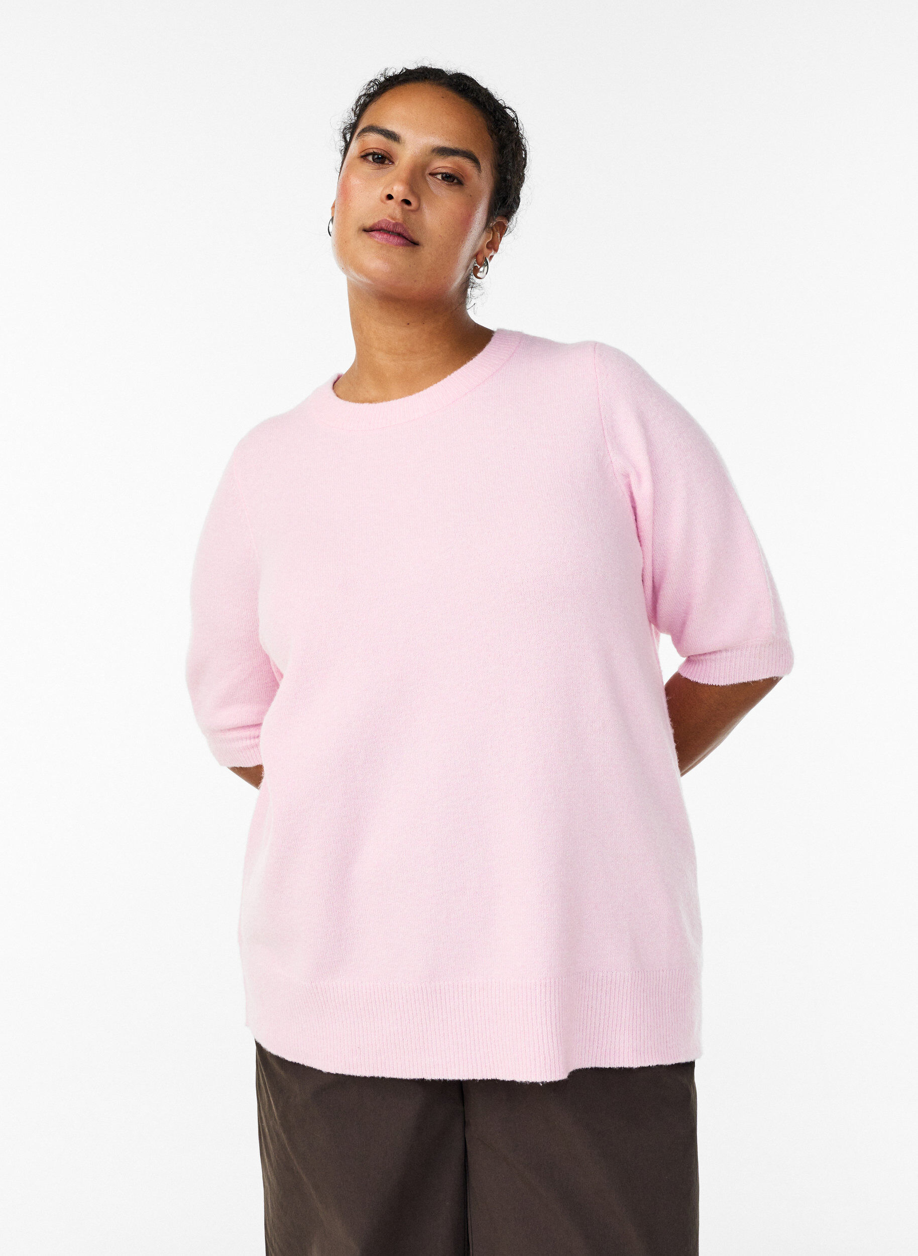Zizzi Gebreide blouse met korte mouwen, Roze, Model image number 0