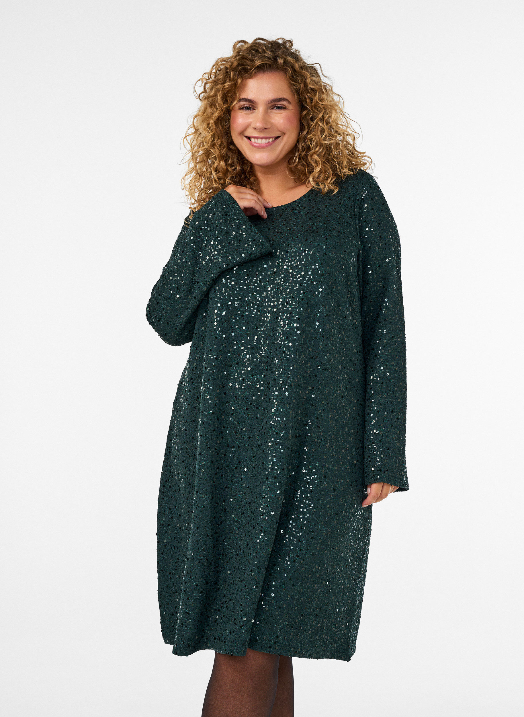 ZizziKorte jurk met pailletten in een A-lijn, Groen, Model image number 0
