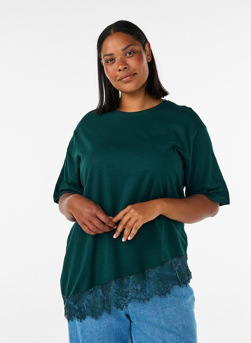 T-shirt met asymmetrische kanten zoom, Groen, Model image number 0