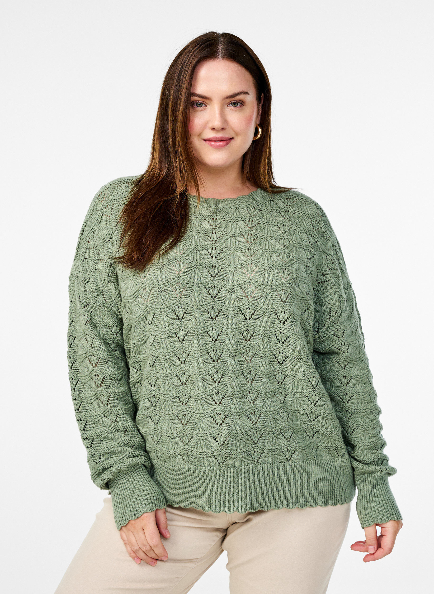 Zizzi Gebreide blouse met lange mouwen en een opengewerkt patroon, Green Bay, Model image number 0