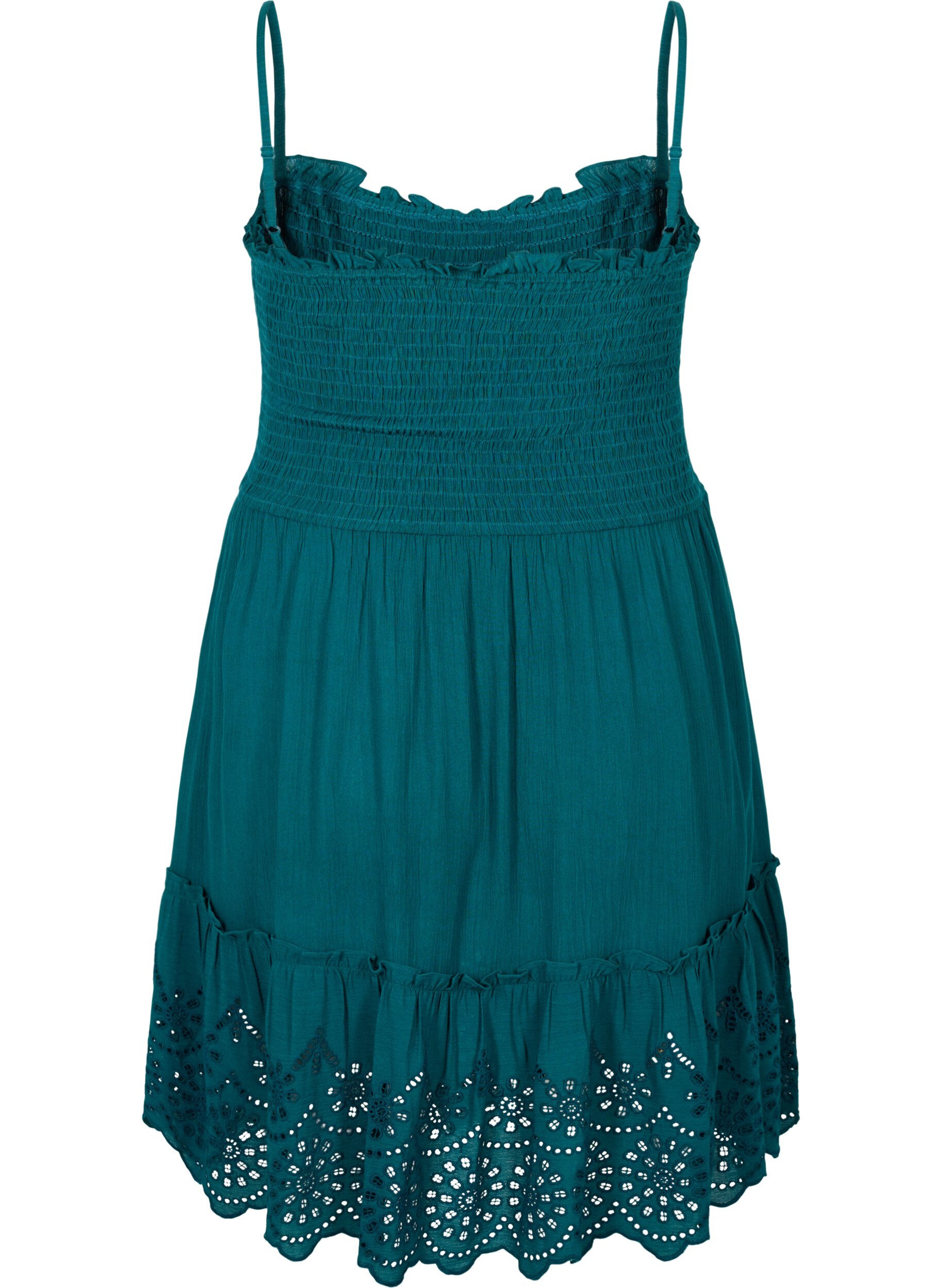 Zizzi Viscose strandjurk met smokwerk en borduursel anglaise, Deep Teal, Packshot image number 1