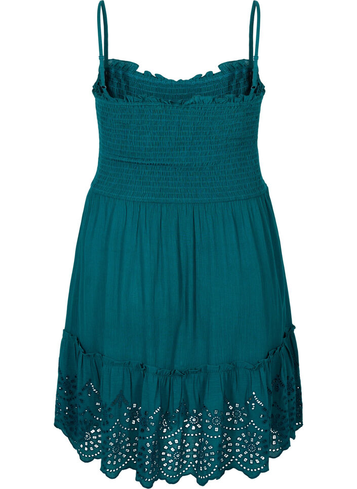 Viscose strandjurk met smokwerk en borduursel anglaise, Deep Teal, Packshot image number 1