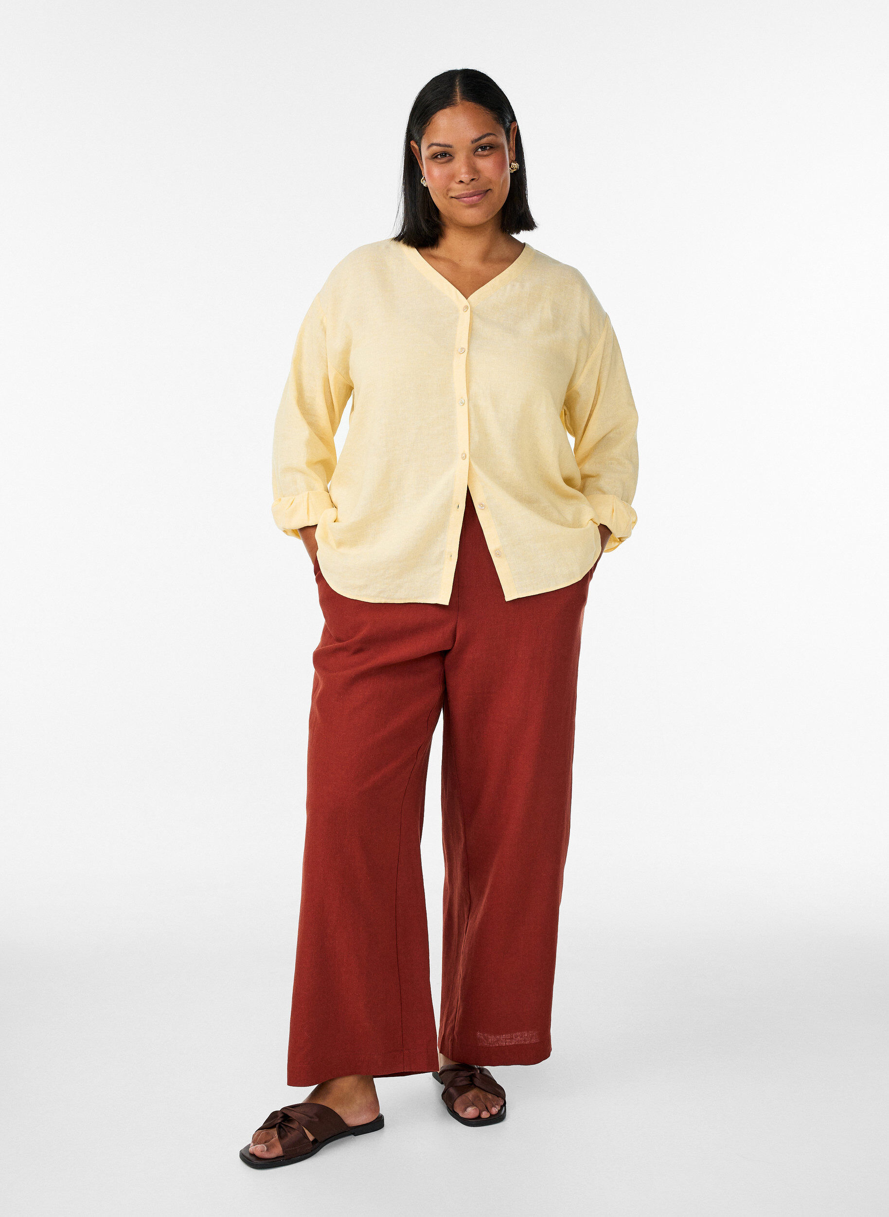 ZizziBlouse in linnen en viscose met V-hals, Geel, Model image number 1