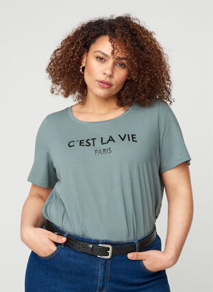 Katoenen t-shirt met korte mouwen en print, Balsam Green PARIS, Model image number 0