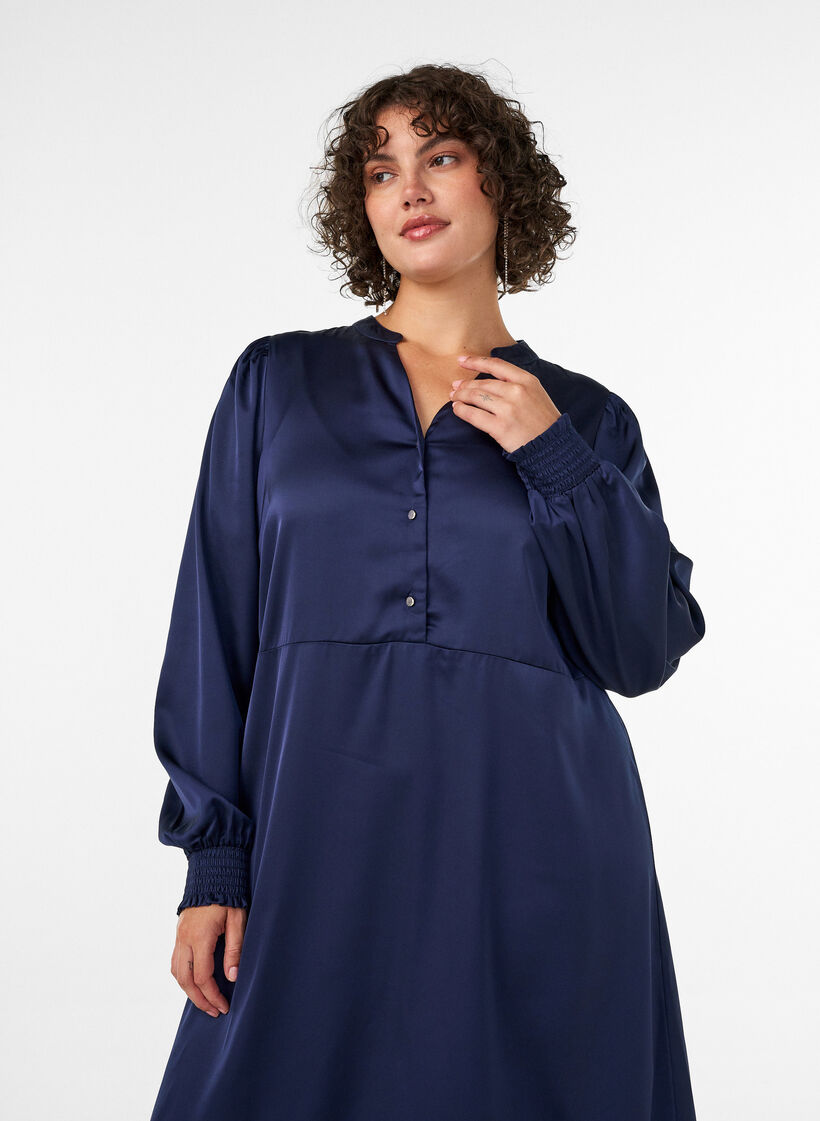 Satijnen jurk met lange mouwen en V-hals, Blauw, Model image number 2