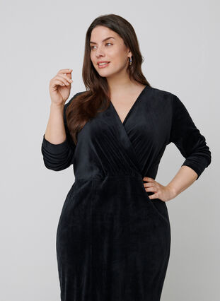 Midi-jurk in velours met lange mouwen, Black, Model image number 1