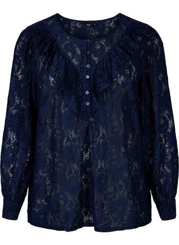 Kanten blouse met franje, Navy, Packshot image number 0