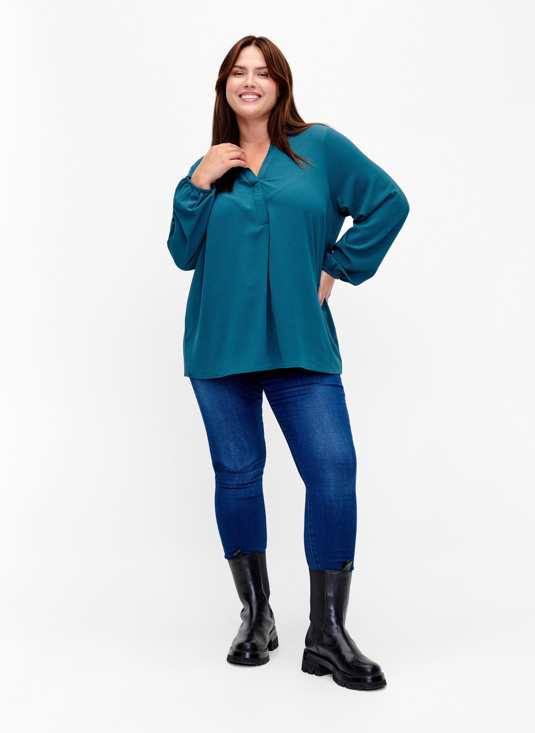 Zizzi Effen blouse met v-hals, Deep Teal, Model image number 2