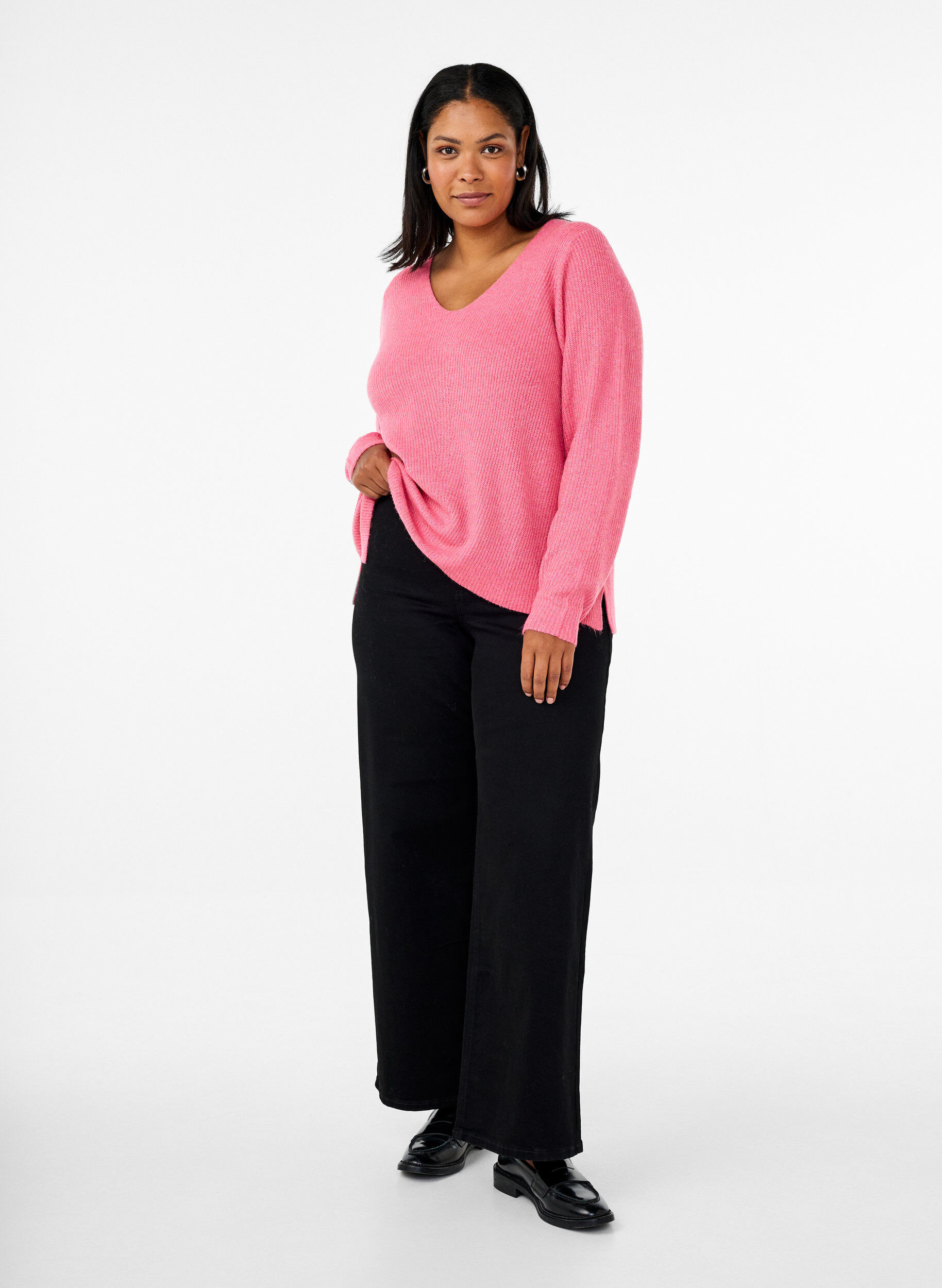 Zizzi Gebreide blouse met V-hals en lange mouwen, Bubblegum Wh. Mel., Model image number 2