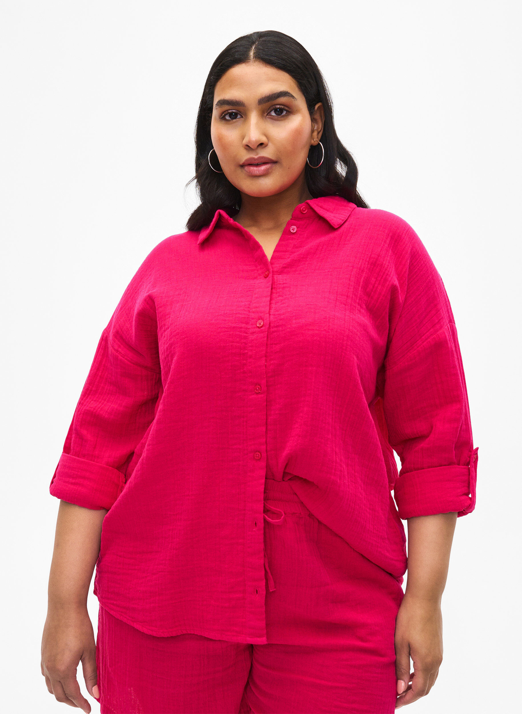 Zizzi Overhemd met katoenen mousseline kraag, Bright Rose, Model image number 0