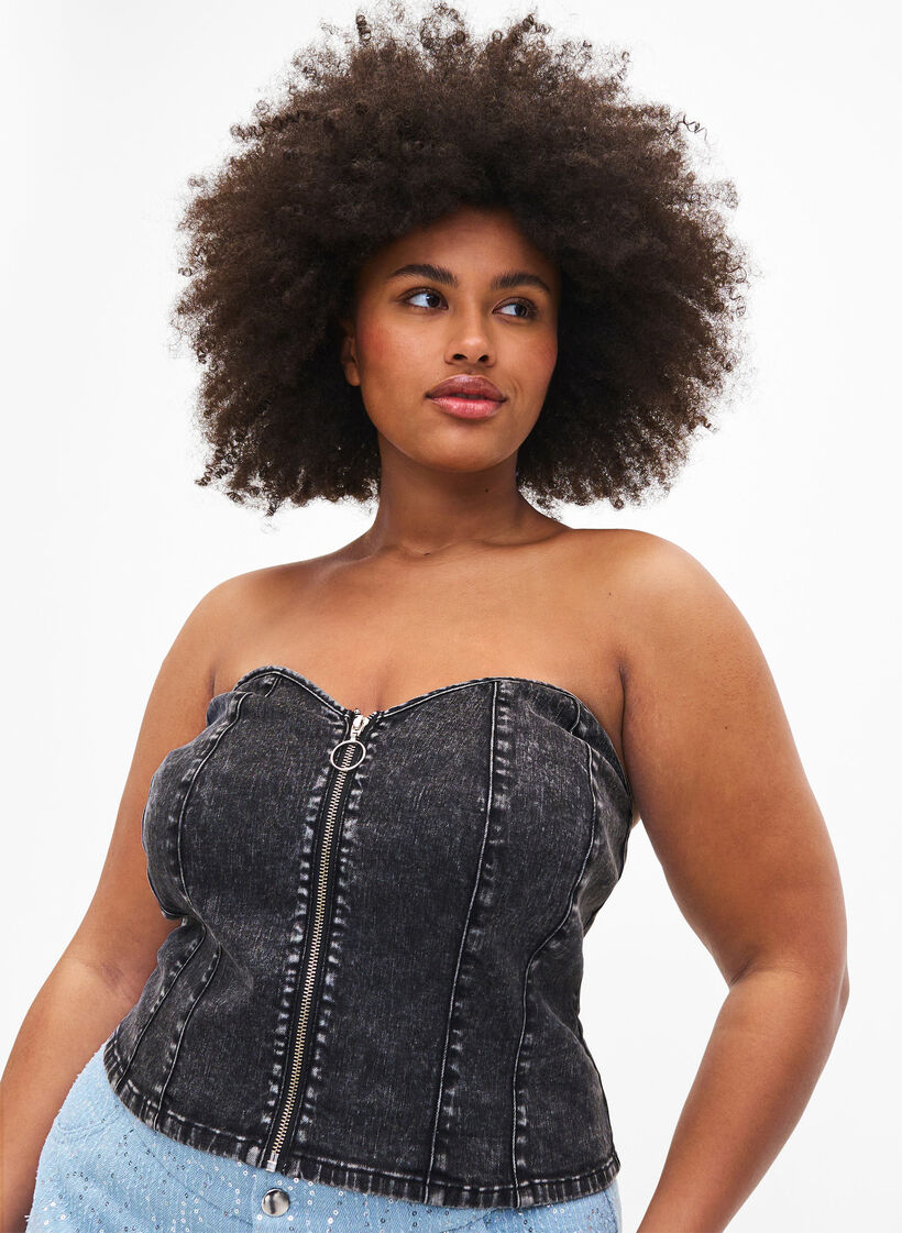 Denim korset top met rits, Black, Model image number 0