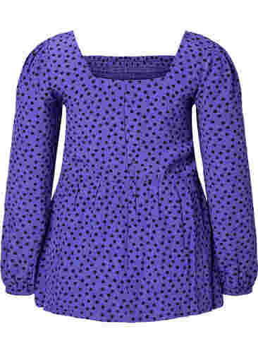 Gestippelde viscose blouse met smok, R.Blue w. Black Dot, Packshot image number 1