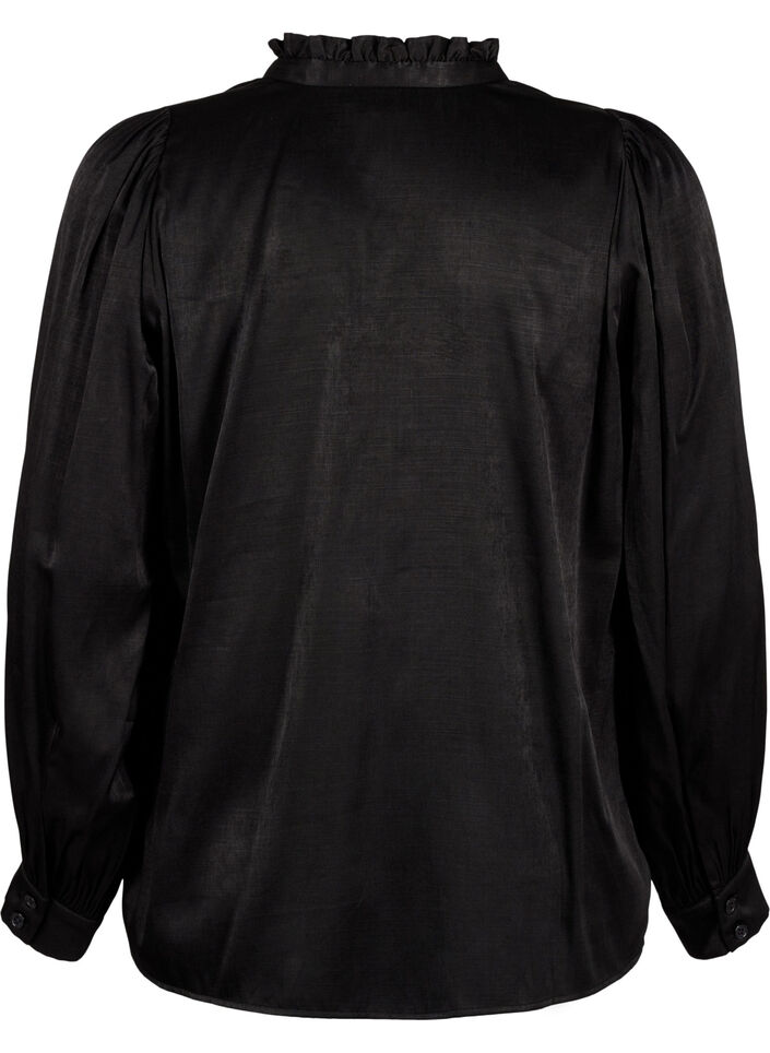 Blouse met lange mouwen, ruches en V-hals, Black, Packshot image number 1