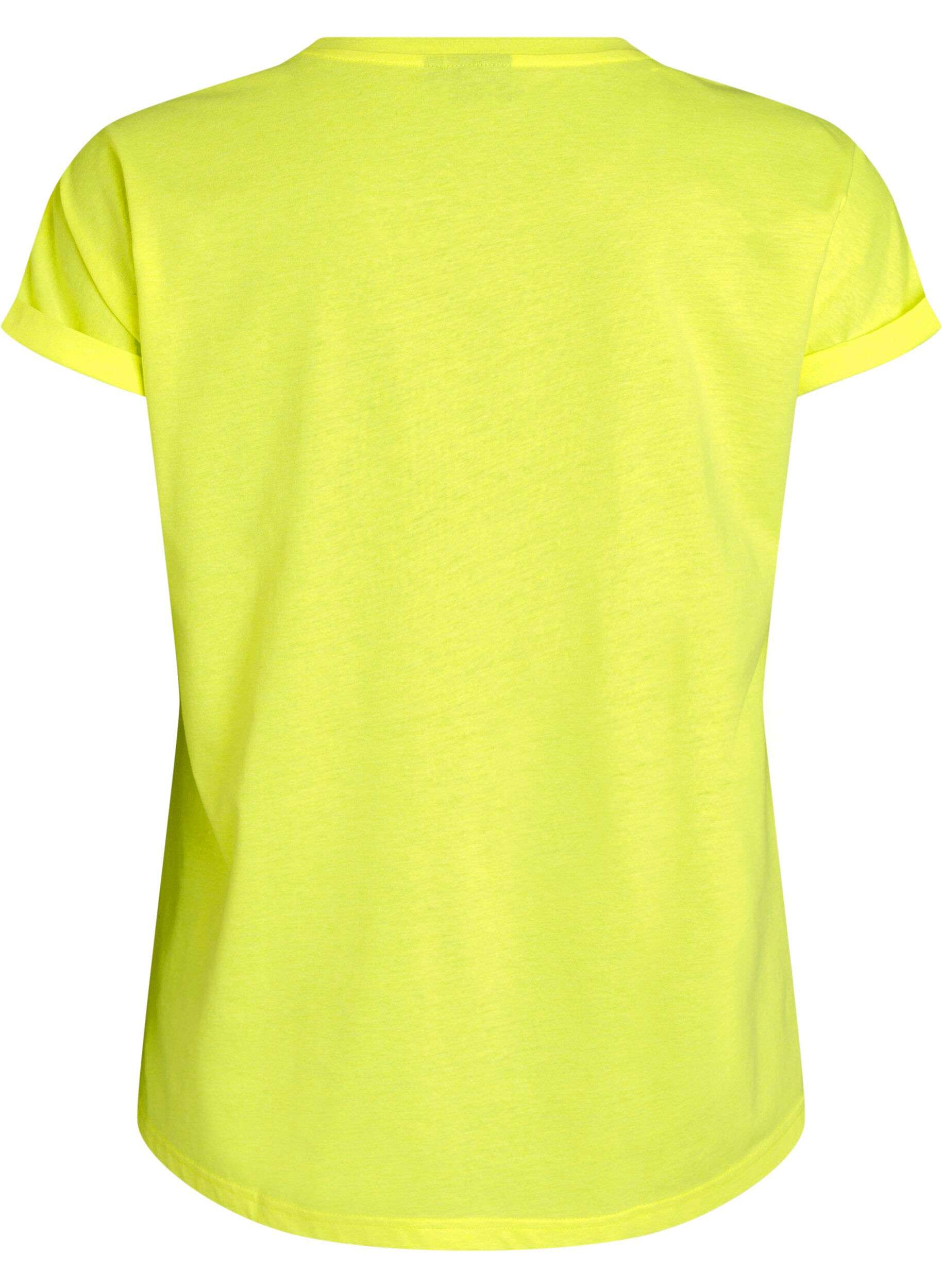 Zizzi T-shirt van katoen in neon kleur, Geel, Packshot image number 1