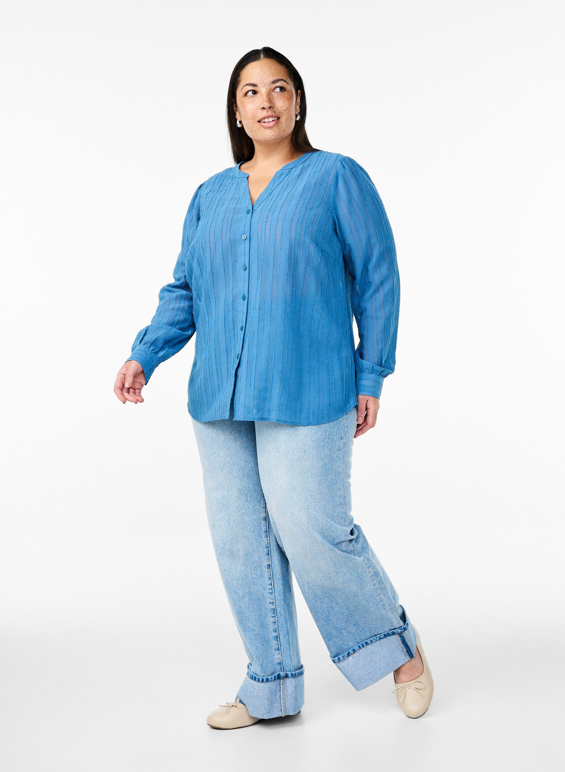 Zizzi Gestreepte blouse met transparante strepen, Blauw, Model image number 1