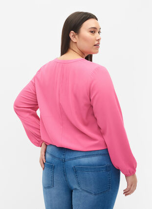 Effen blouse met v-hals, Shocking Pink, Model image number 1
