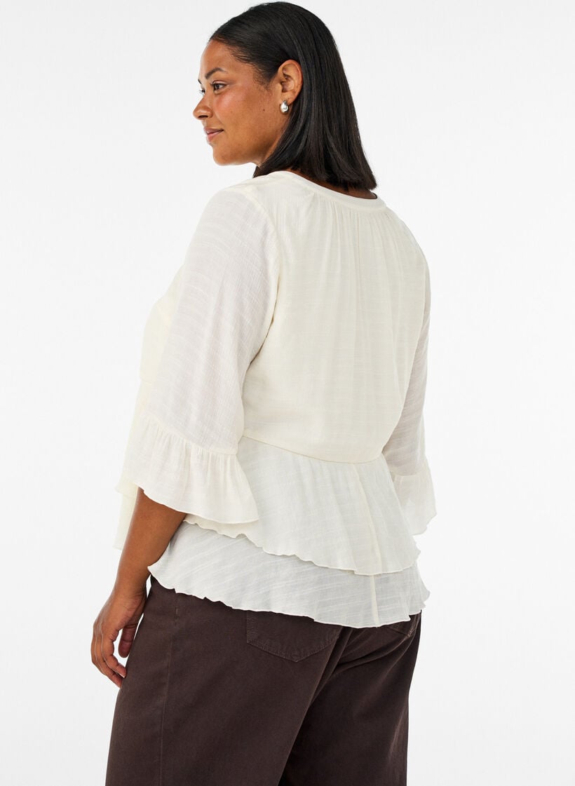 Blouse met 3/4-mouwen en ruchesdetails, Vanille, Model image number 3